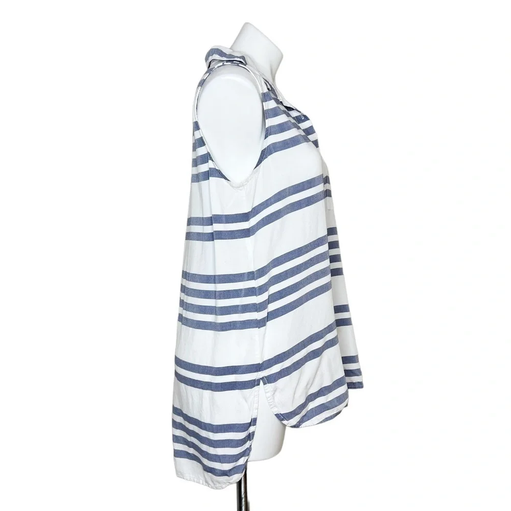 Beachlunchlounge Women's Blue White Stripe Sleeveless Button Down Shirt Blouse